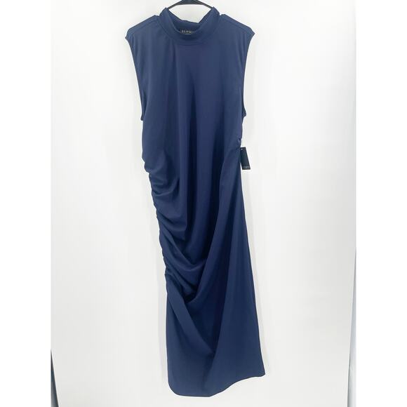 ELOQUII Dress Size 20 Navy NWT Midi Stretch Sleeveless Ruched Bodycon Plus Curvy - Picture 2 of 15
